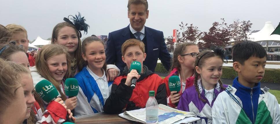 ITV’s Ed Chamberlain getting some presenting tips from Hellsby Hillside pupils at Chester in May